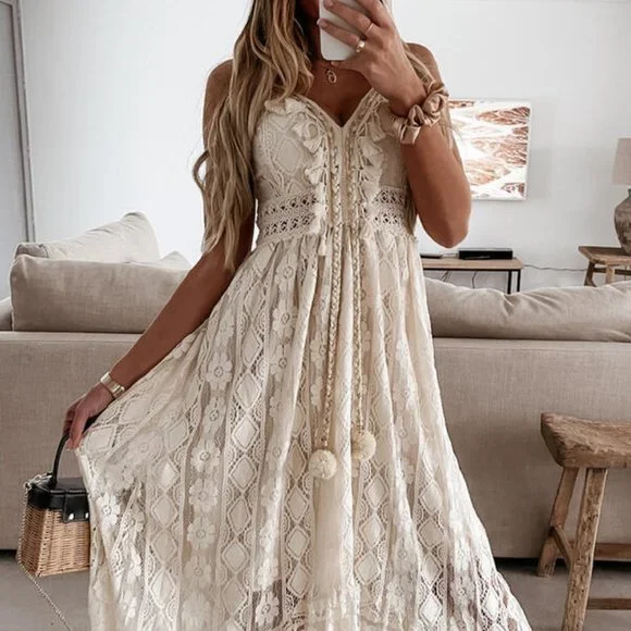 beach festival dress Boho Summer Beach Maxi Dress – Sleeveless Ruffle A-Line Long Dress in Beige | Women's Boho Fashion | M main image 0